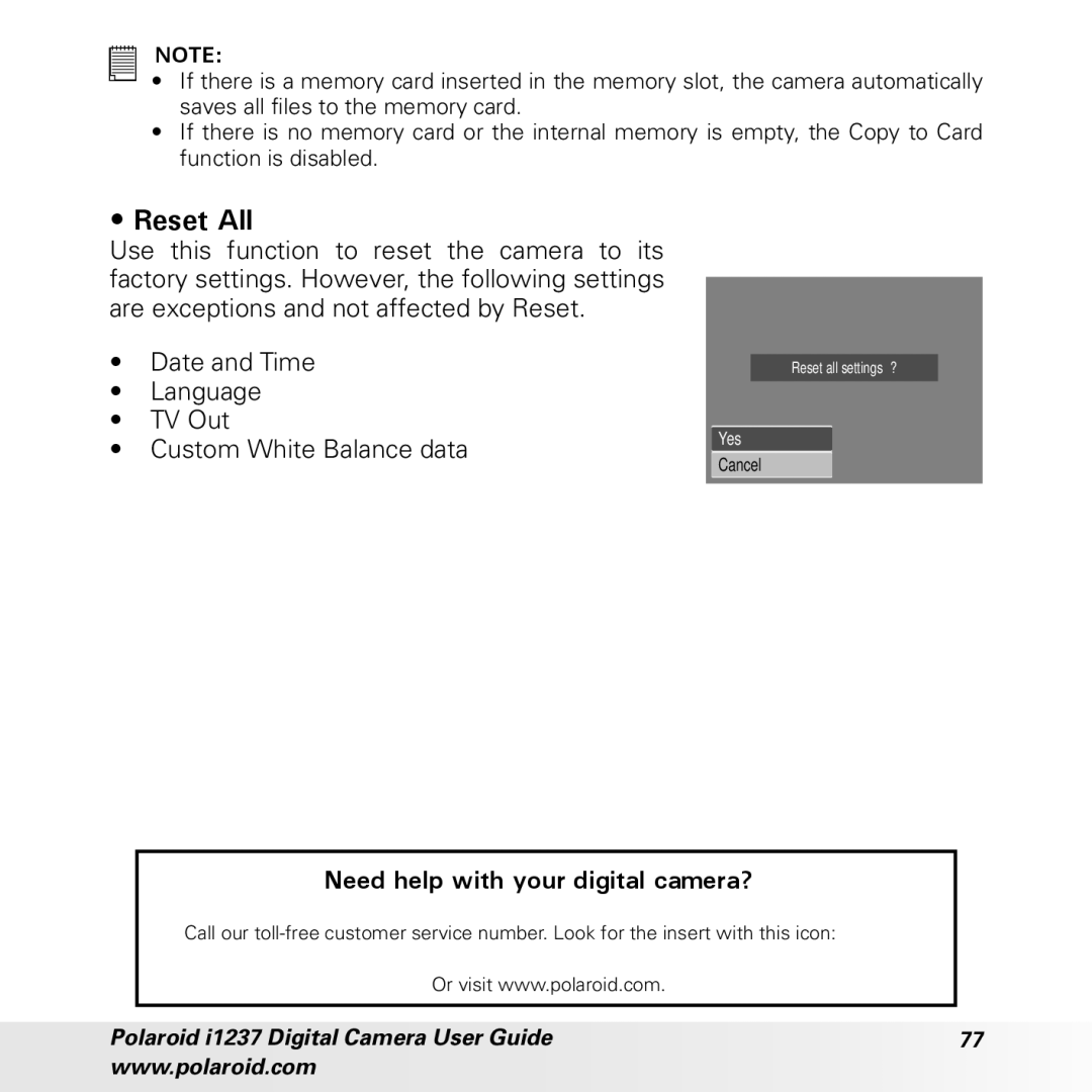 Polaroid CIA-1237PC manual Reset All, Date and Time Language TV Out Custom White Balance data 