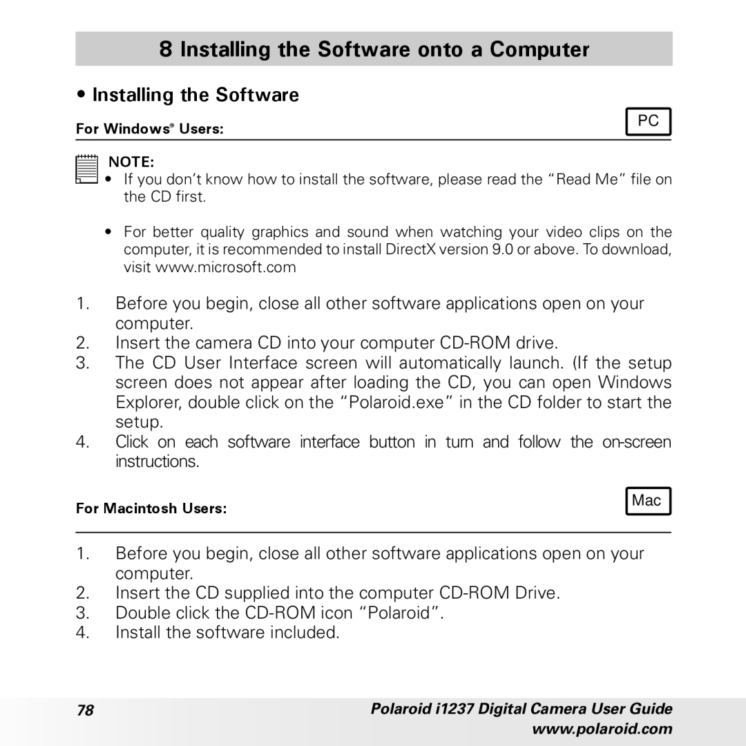 Polaroid CIA-1237PC manual Installing the Software onto a Computer 