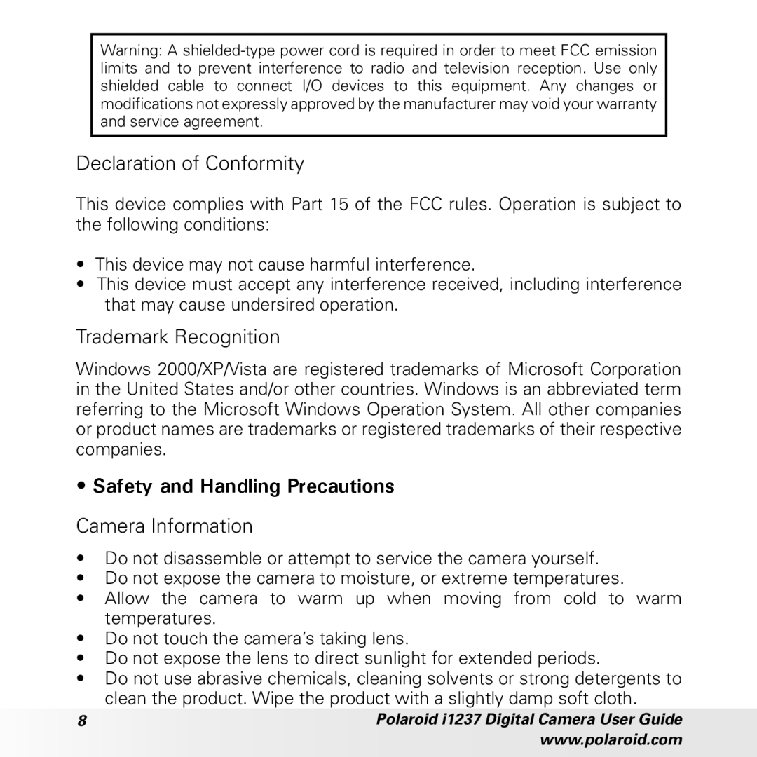 Polaroid CIA-1237PC Declaration of Conformity, Trademark Recognition, Safety and Handling Precautions, Camera Information 