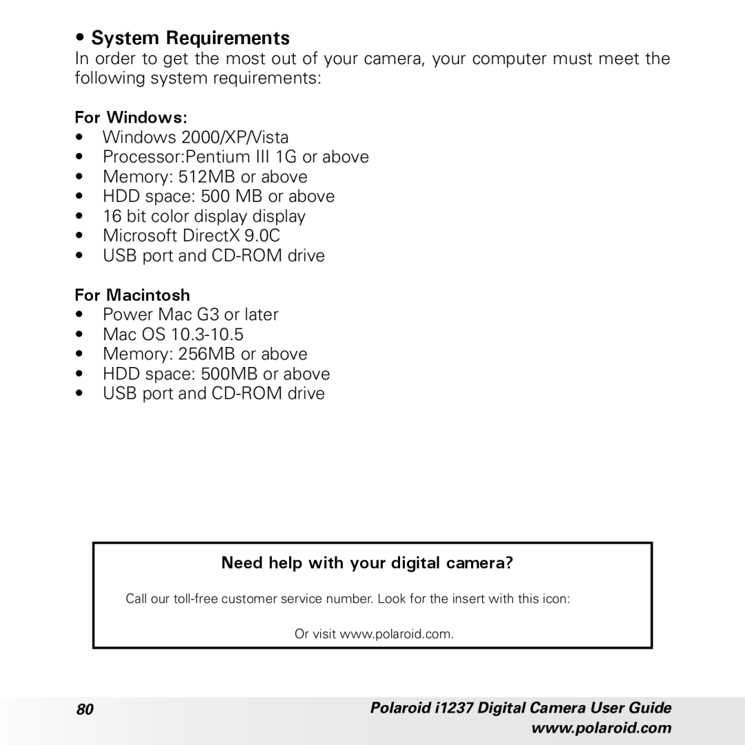 Polaroid CIA-1237PC manual System Requirements, For Windows, For Macintosh 