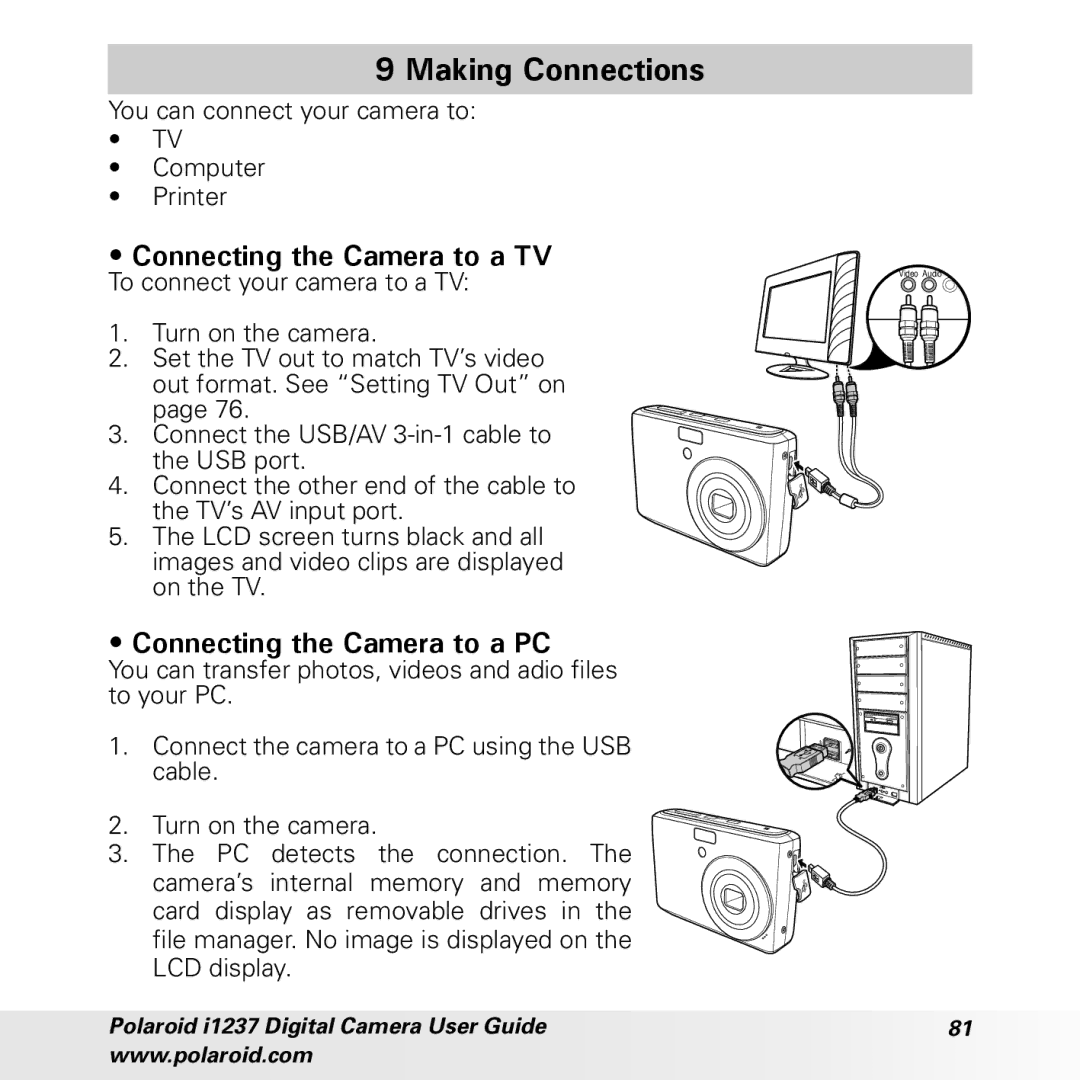 Polaroid CIA-1237PC manual Making Connections, Connecting the Camera to a TV, Connecting the Camera to a PC 