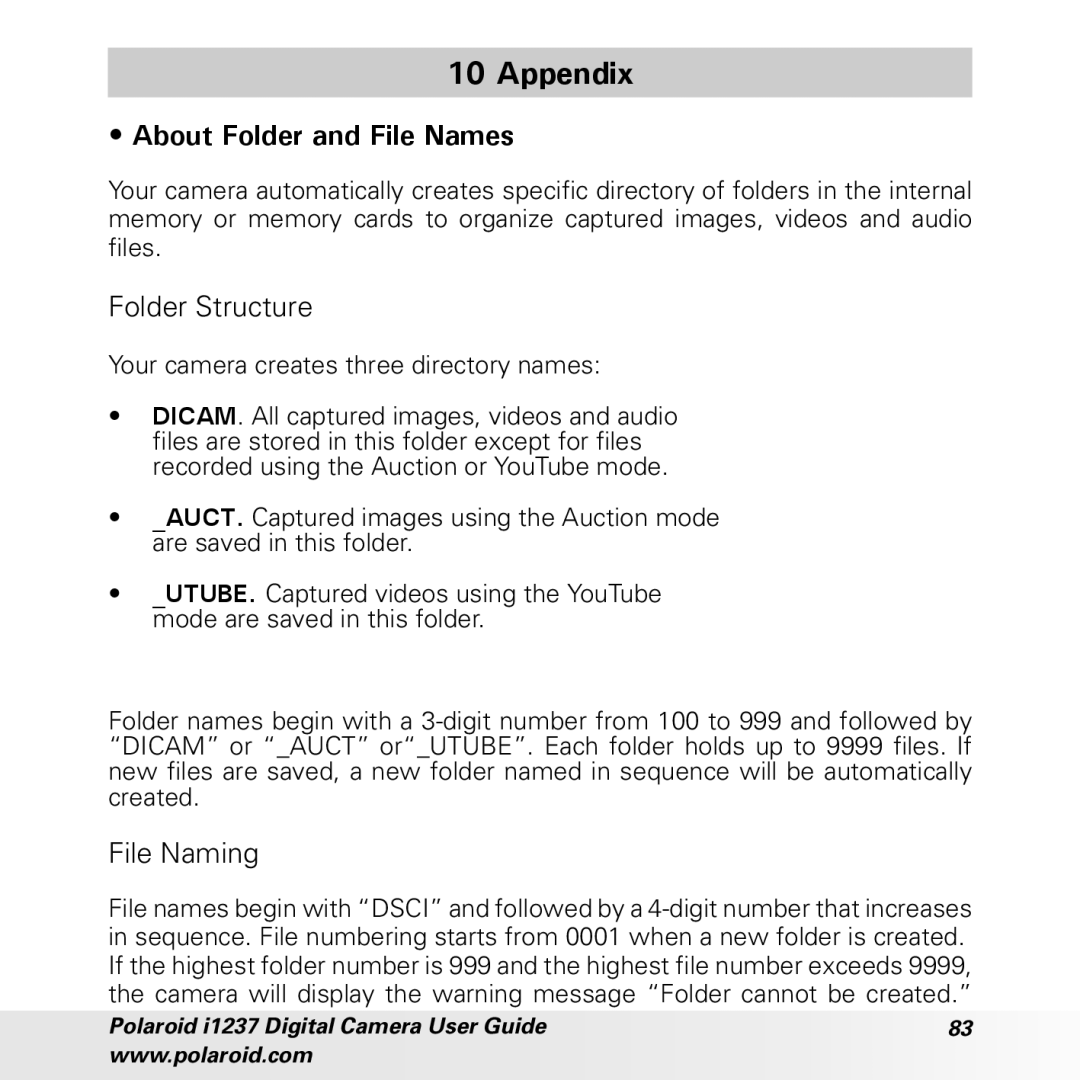 Polaroid CIA-1237PC manual Appendix, About Folder and File Names, Folder Structure, File Naming 