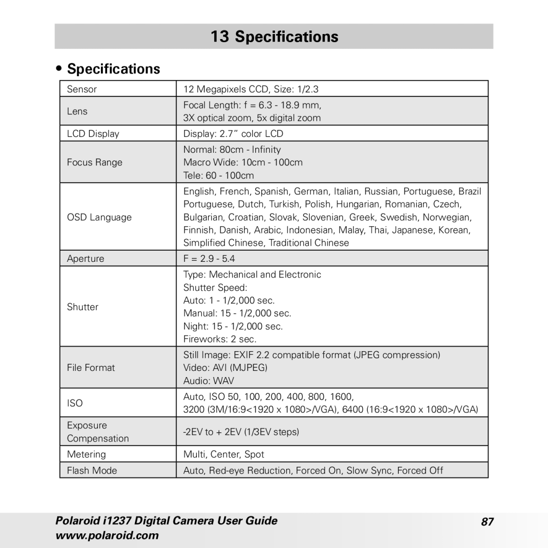 Polaroid CIA-1237PC manual Specifications 