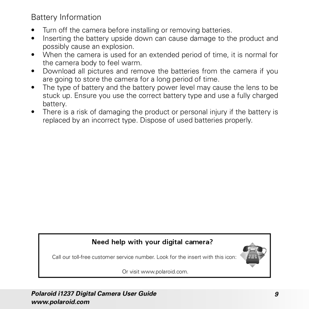 Polaroid CIA-1237PC manual Battery Information, Need help with your digital camera? 