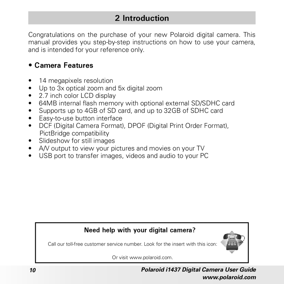 Polaroid CIA-1437RC manual Introduction, Camera Features 