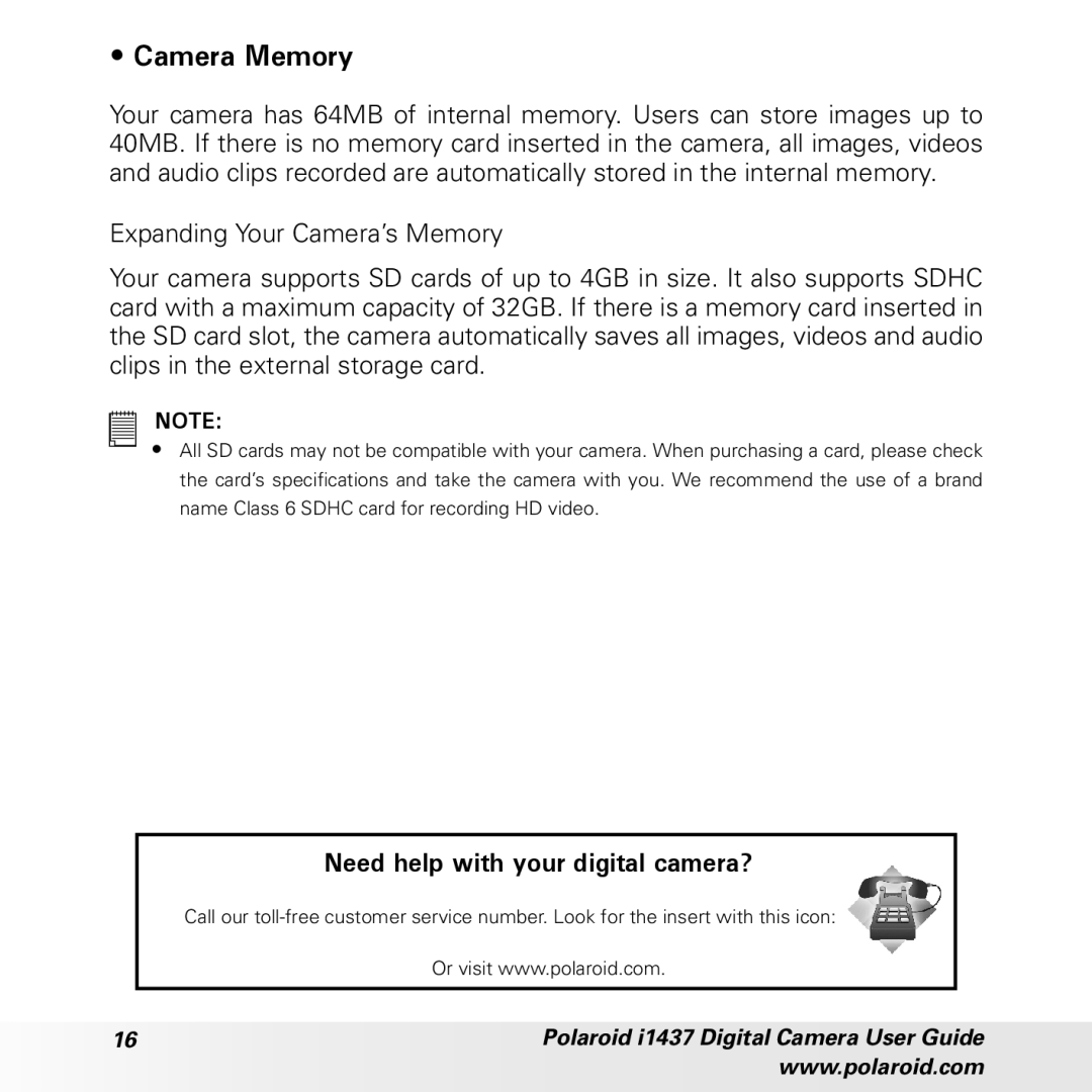 Polaroid CIA-1437RC manual Camera Memory 