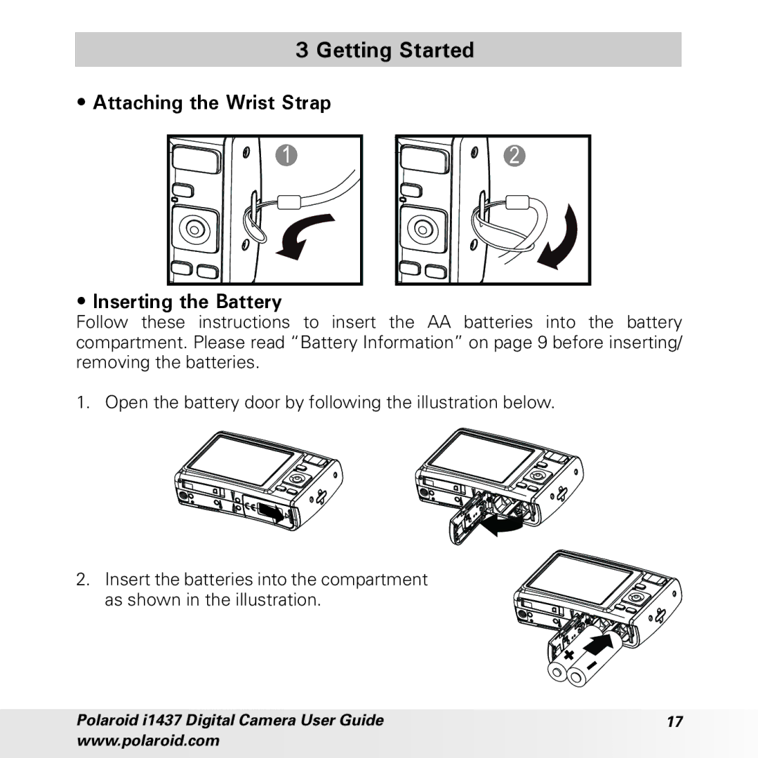 Polaroid CIA-1437RC manual Getting Started, Attaching the Wrist Strap Inserting the Battery 