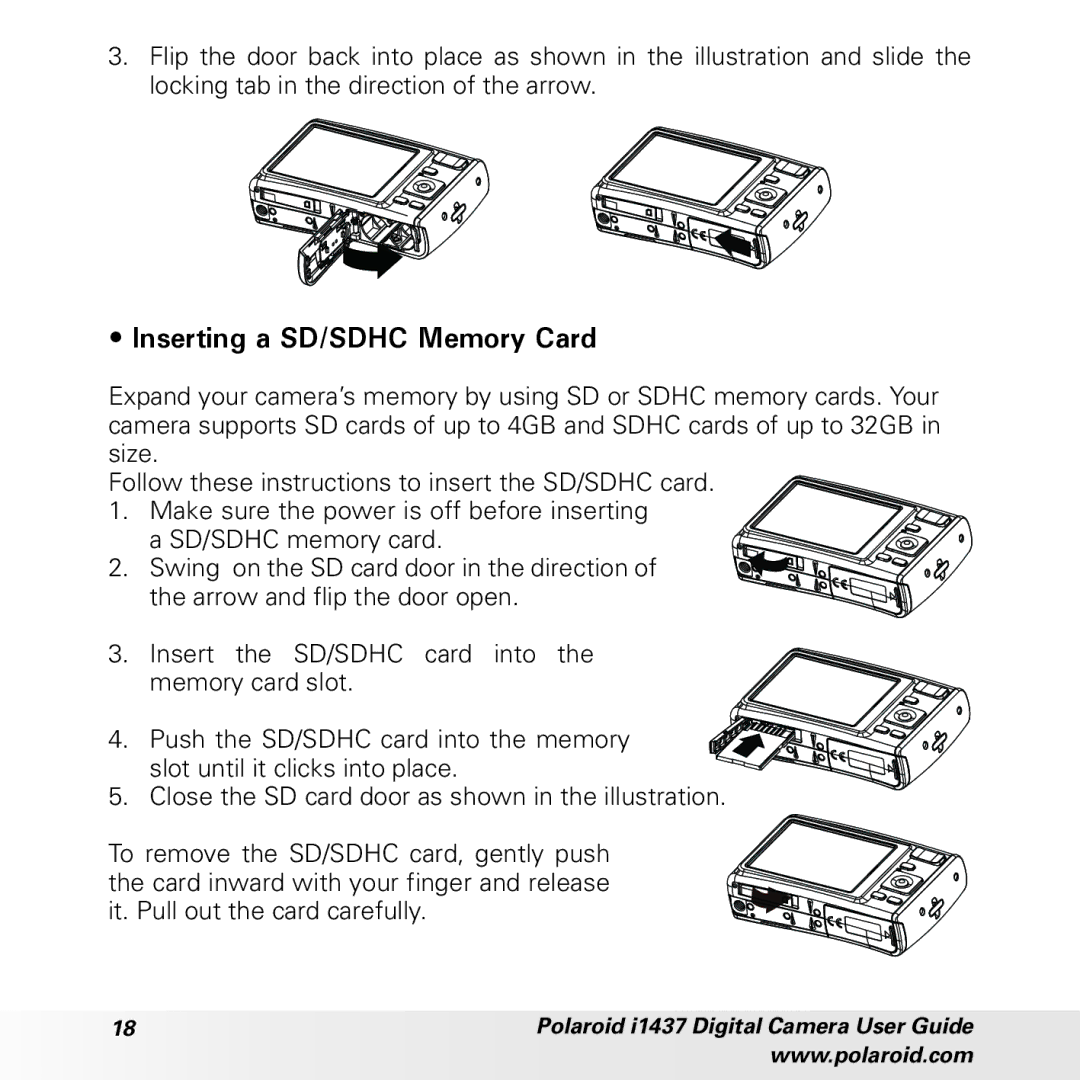 Polaroid CIA-1437RC manual Inserting a SD/SDHC Memory Card 