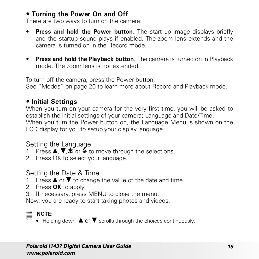 Polaroid CIA-1437RC manual Turning the Power On and Off, Initial Settings, Setting the Language, Setting the Date & Time 