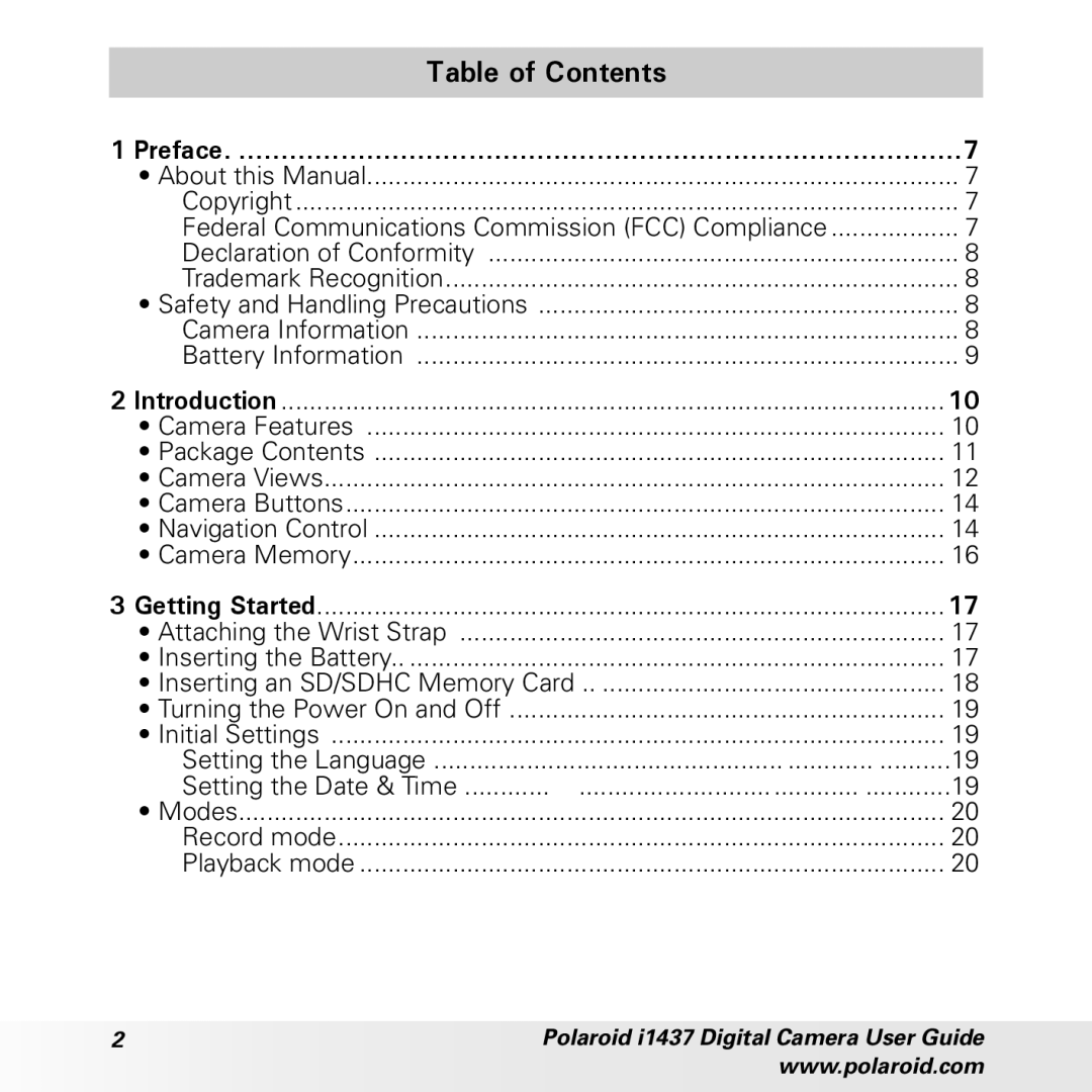 Polaroid CIA-1437RC manual Table of Contents 