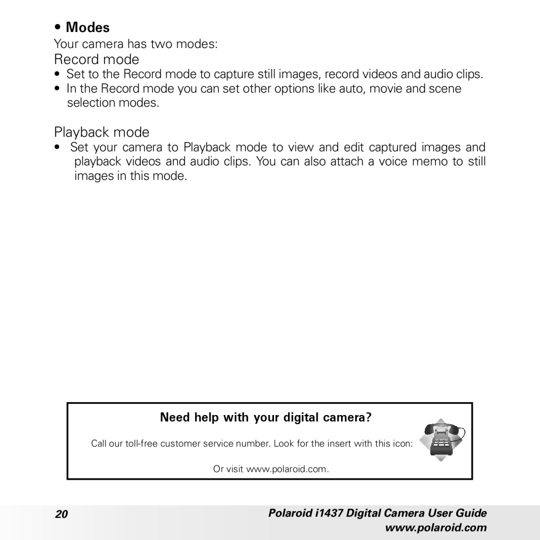 Polaroid CIA-1437RC manual Modes, Record mode, Playback mode 