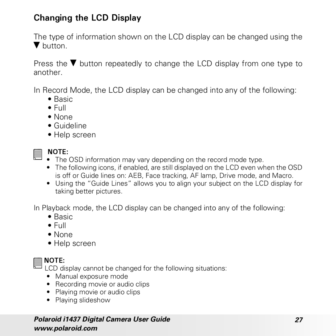 Polaroid CIA-1437RC manual Changing the LCD Display, OSD information may vary depending on the record mode type 