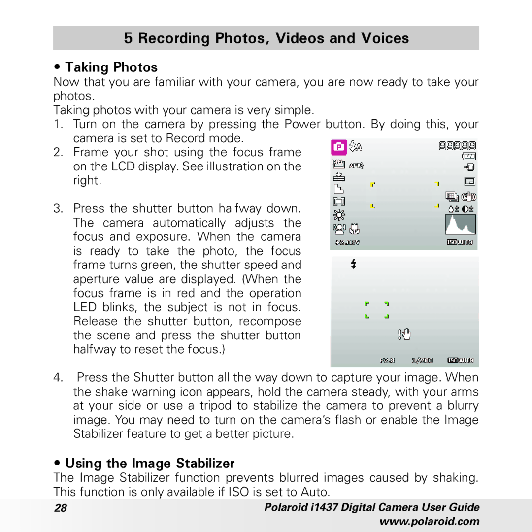 Polaroid CIA-1437RC manual Recording Photos, Videos and Voices, Taking Photos, Using the Image Stabilizer 