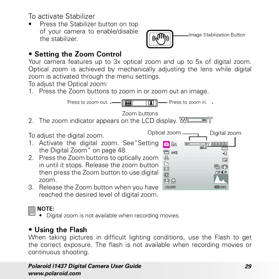 Polaroid CIA-1437RC manual To activate Stabilizer, Setting the Zoom Control, Using the Flash 