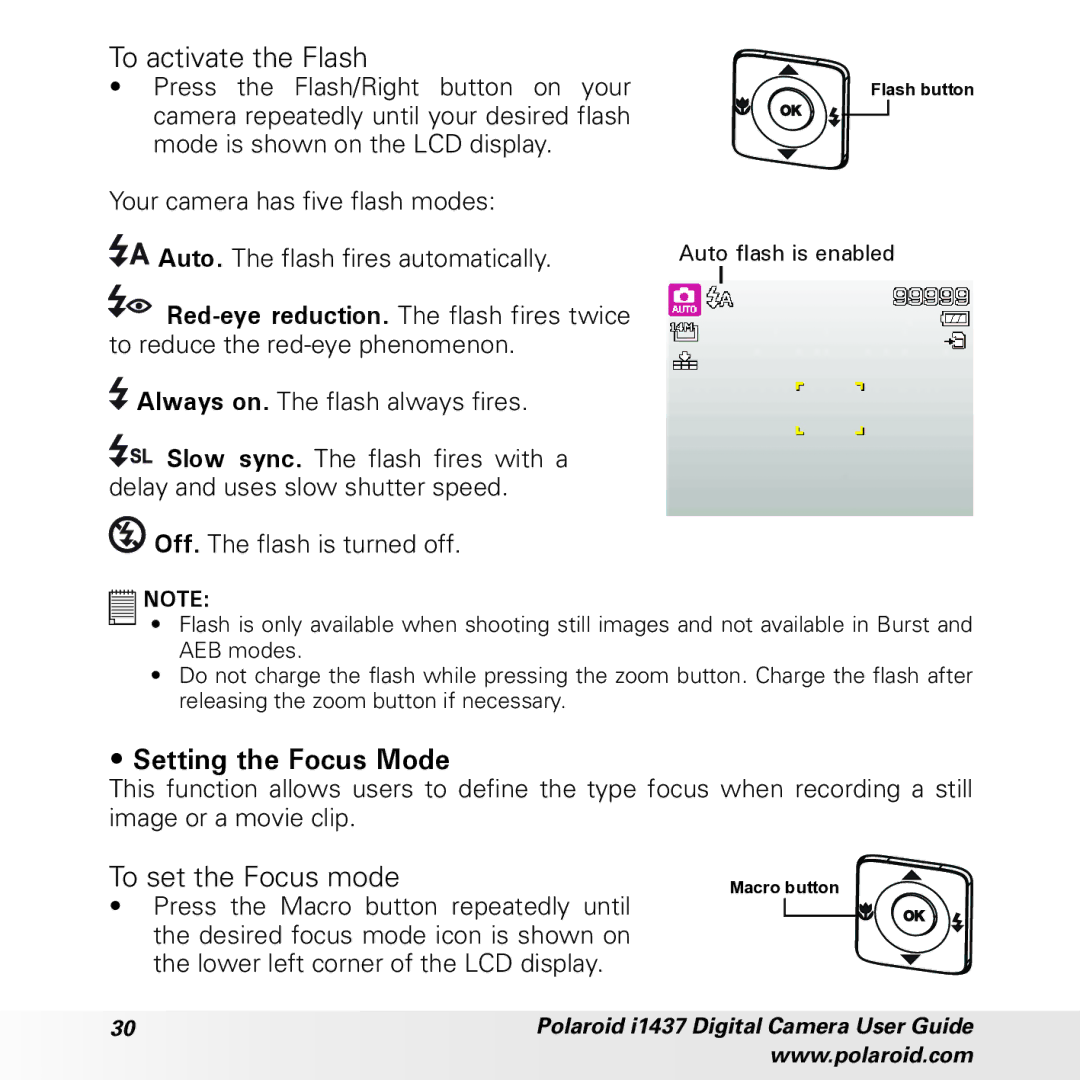 Polaroid CIA-1437RC manual To activate the Flash, Setting the Focus Mode, To set the Focus mode 