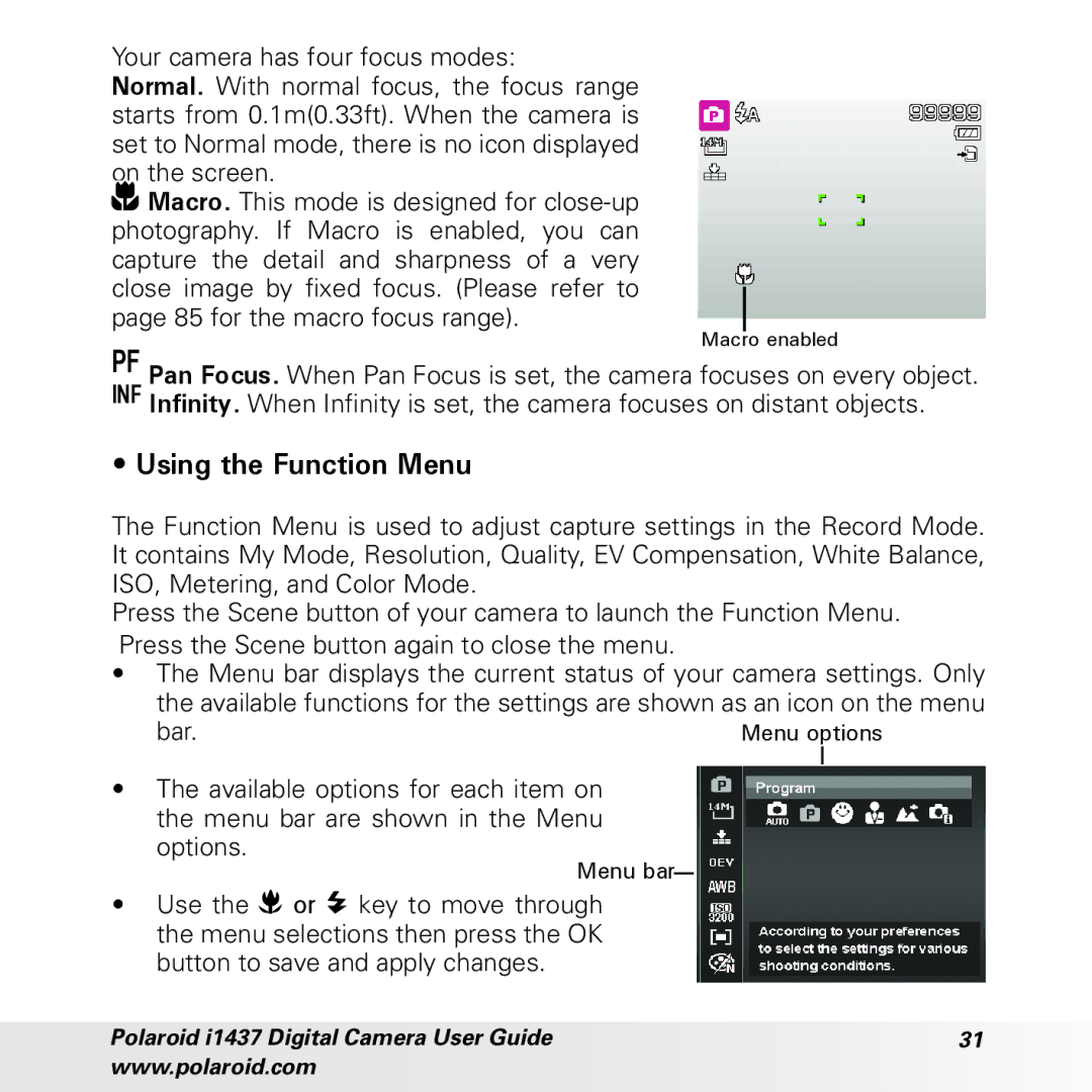 Polaroid CIA-1437RC manual Using the Function Menu 