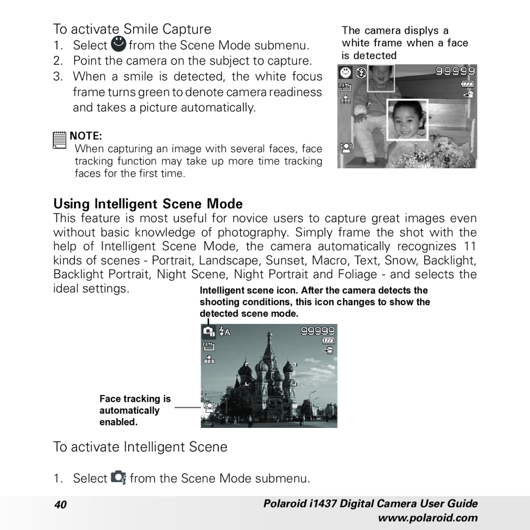 Polaroid CIA-1437RC manual To activate Smile Capture, Using Intelligent Scene Mode, To activate Intelligent Scene 