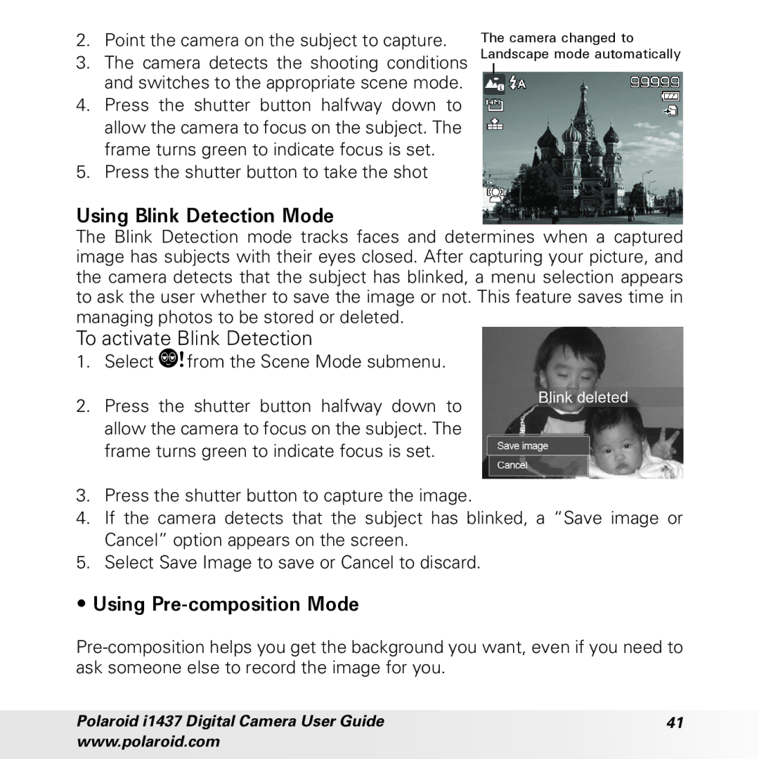 Polaroid CIA-1437RC manual Using Blink Detection Mode, To activate Blink Detection, Using Pre-composition Mode 