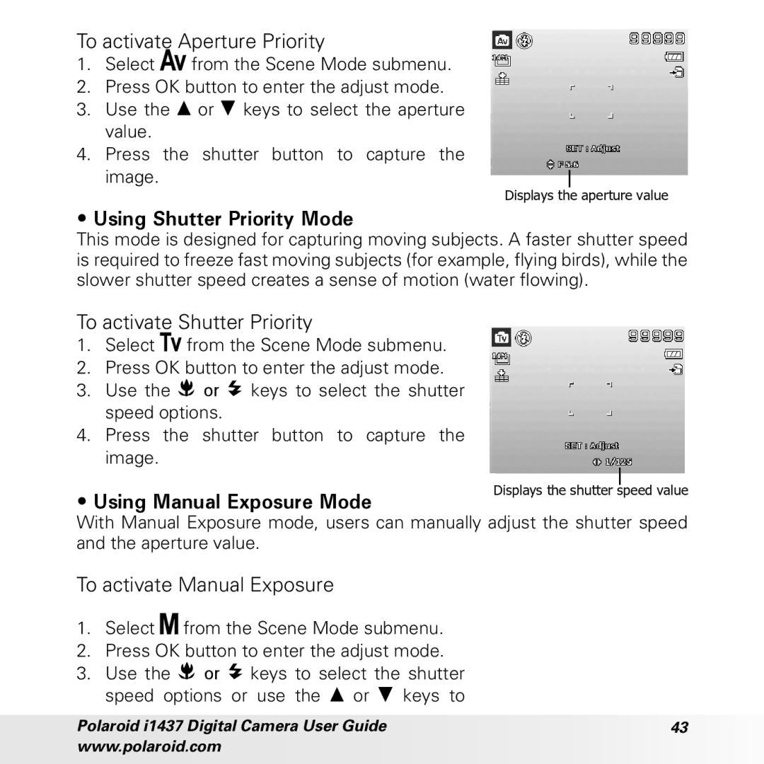 Polaroid CIA-1437RC manual To activate Aperture Priority, Using Shutter Priority Mode, To activate Shutter Priority 