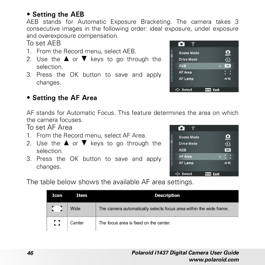 Polaroid CIA-1437RC manual Setting the AEB, To set AEB, Setting the AF Area, To set AF Area 