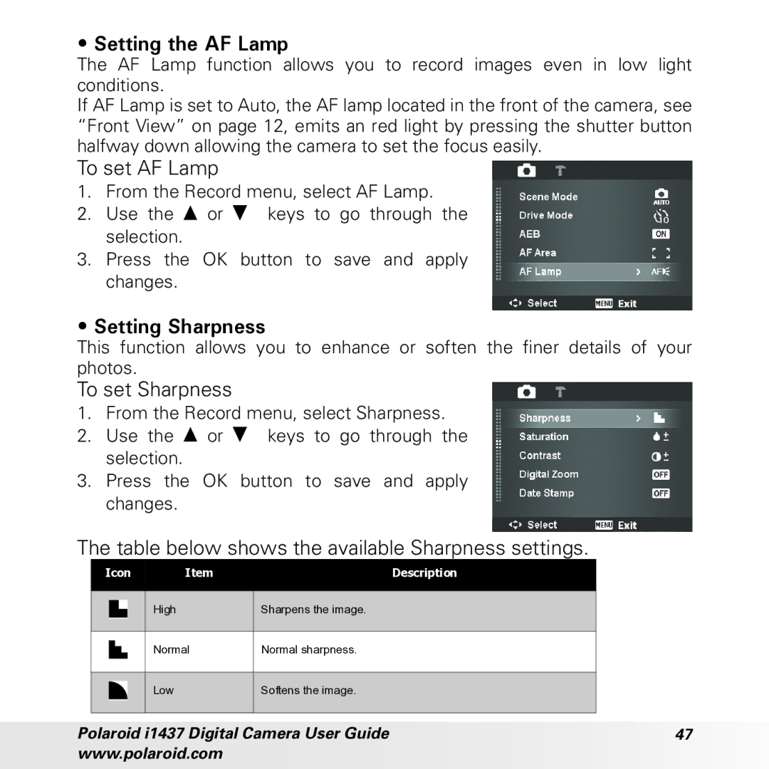 Polaroid CIA-1437RC manual Setting the AF Lamp, To set AF Lamp, Setting Sharpness, To set Sharpness 