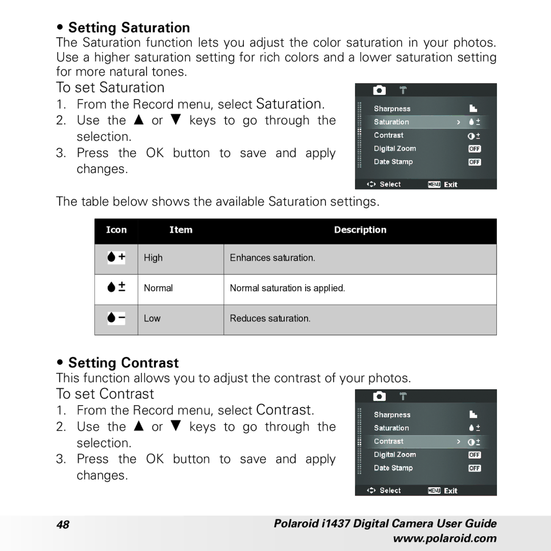 Polaroid CIA-1437RC manual Setting Saturation, To set Saturation, Setting Contrast, To set Contrast 