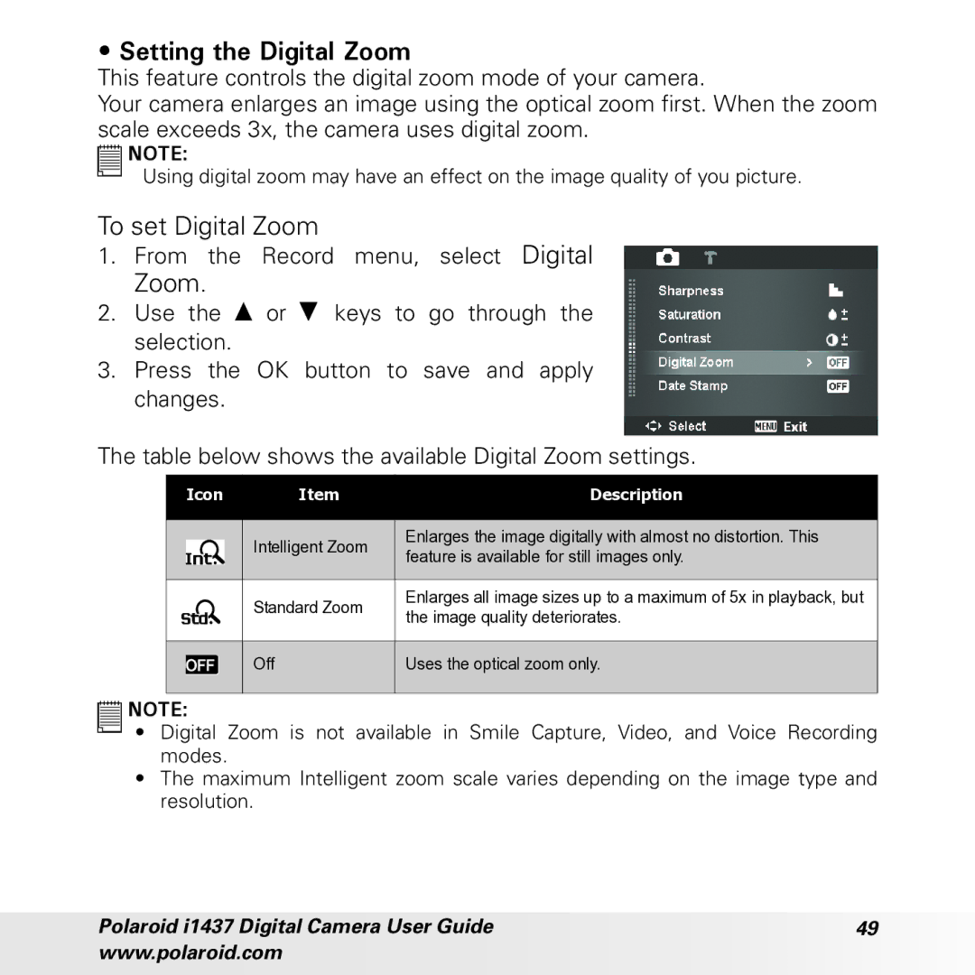 Polaroid CIA-1437RC manual Setting the Digital Zoom, To set Digital Zoom 