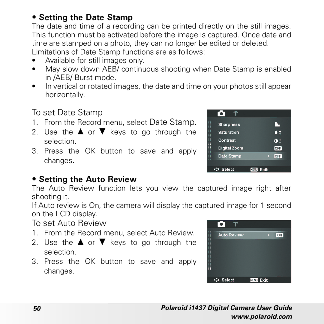 Polaroid CIA-1437RC manual To set Date Stamp, Setting the Auto Review, To set Auto Review 