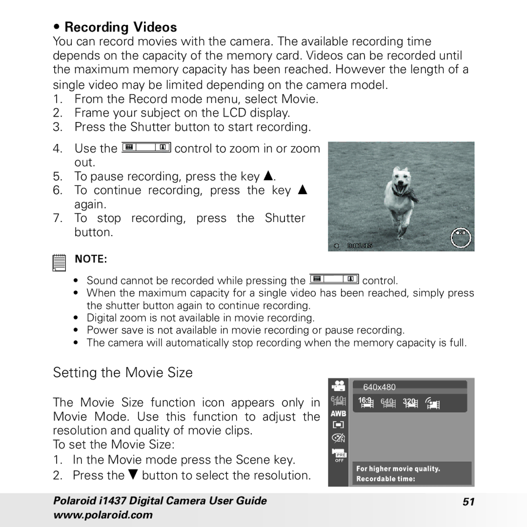 Polaroid CIA-1437RC manual Recording Videos, Setting the Movie Size 