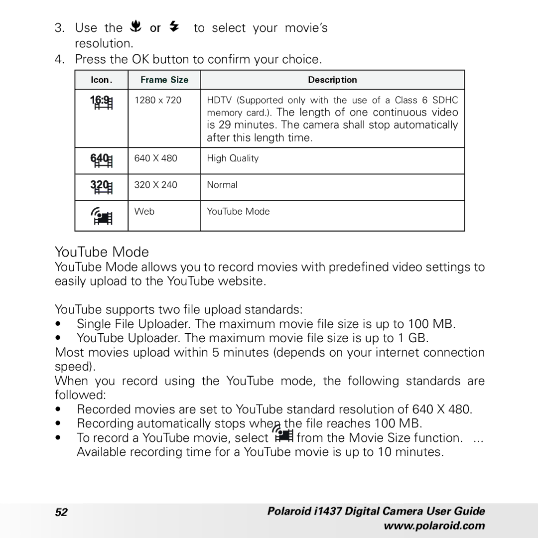 Polaroid CIA-1437RC manual YouTube Mode 