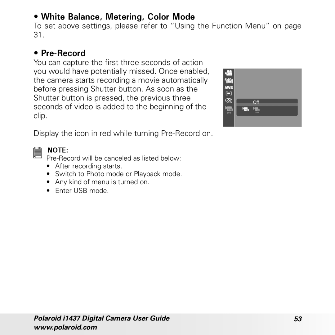 Polaroid CIA-1437RC manual White Balance, Metering, Color Mode, Pre-Record 