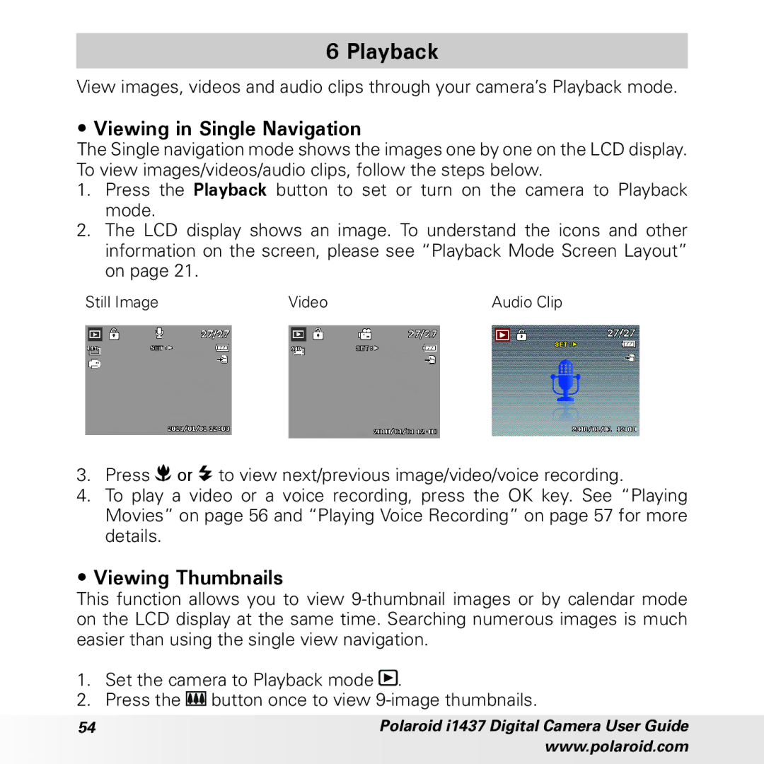 Polaroid CIA-1437RC manual Playback, Viewing in Single Navigation, Viewing Thumbnails 