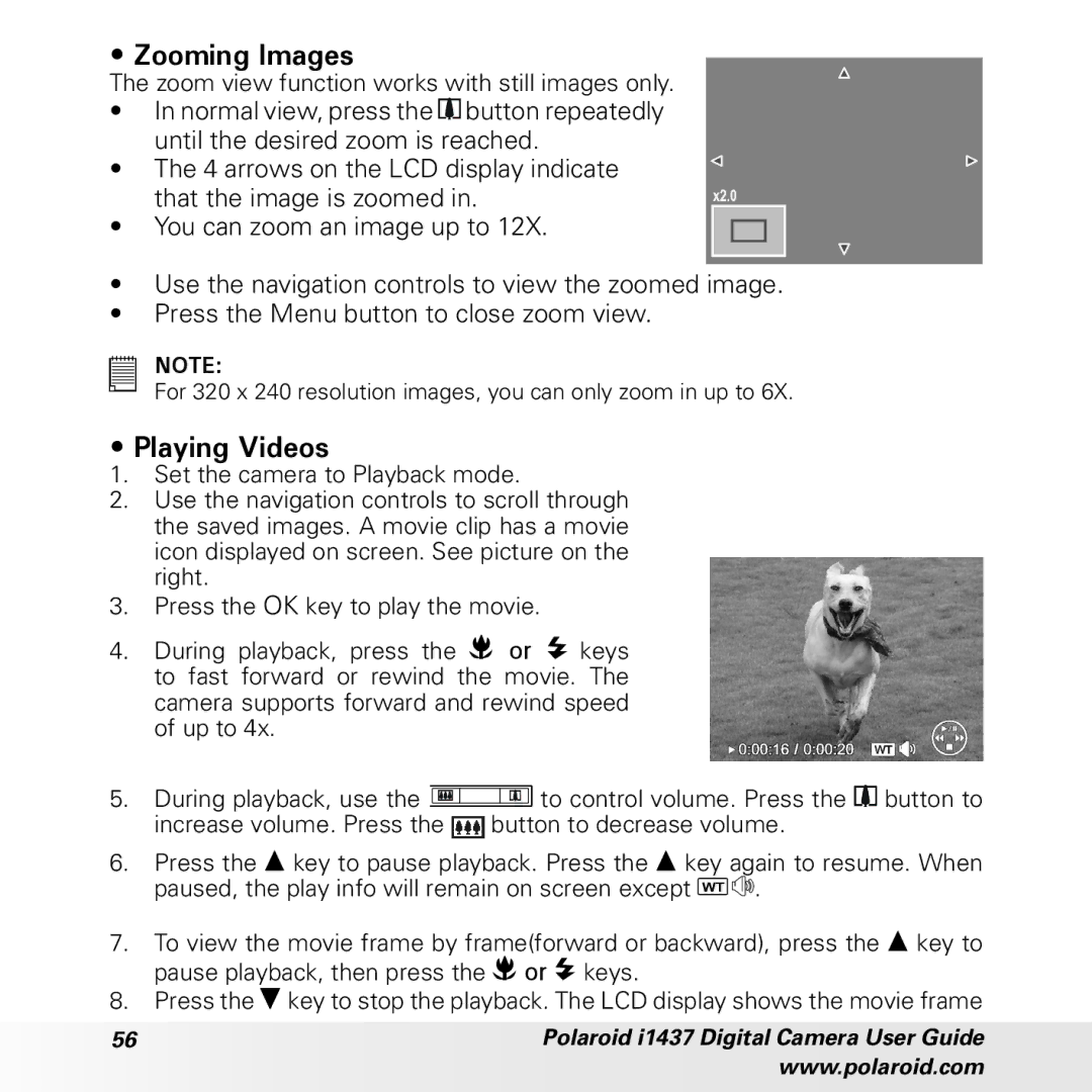 Polaroid CIA-1437RC manual Zooming Images, Playing Videos 