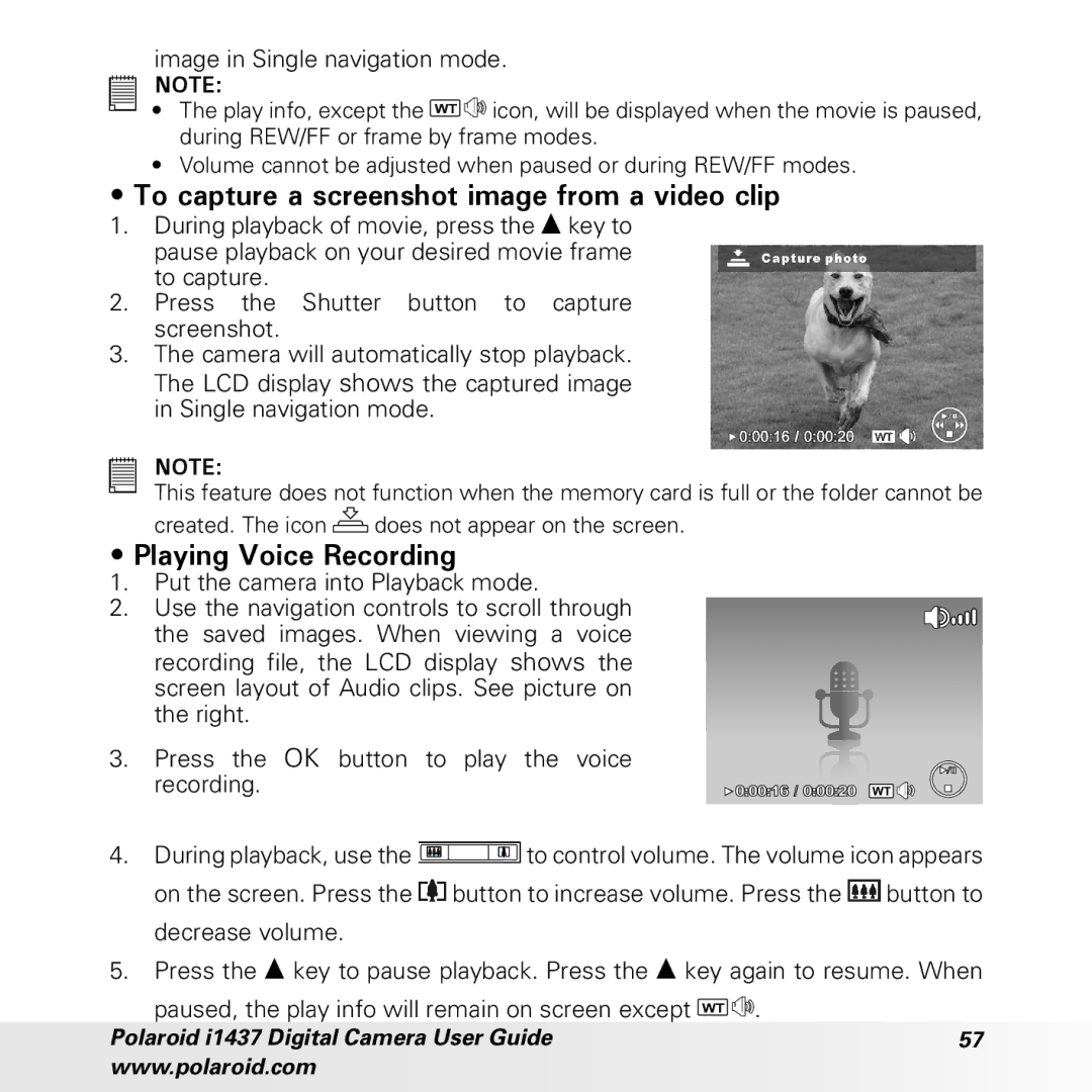 Polaroid CIA-1437RC manual To capture a screenshot image from a video clip, Playing Voice Recording 