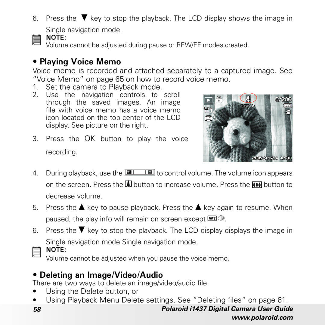 Polaroid CIA-1437RC manual Playing Voice Memo, Deleting an Image/Video/Audio 