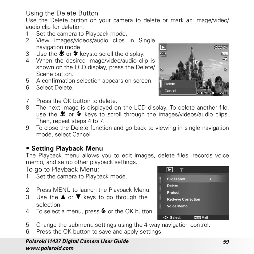 Polaroid CIA-1437RC manual Using the Delete Button, Setting Playback Menu, To go to Playback Menu 