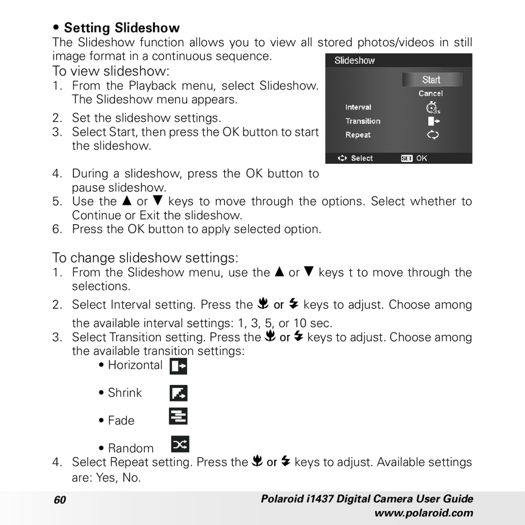 Polaroid CIA-1437RC manual Setting Slideshow, To view slideshow, To change slideshow settings 