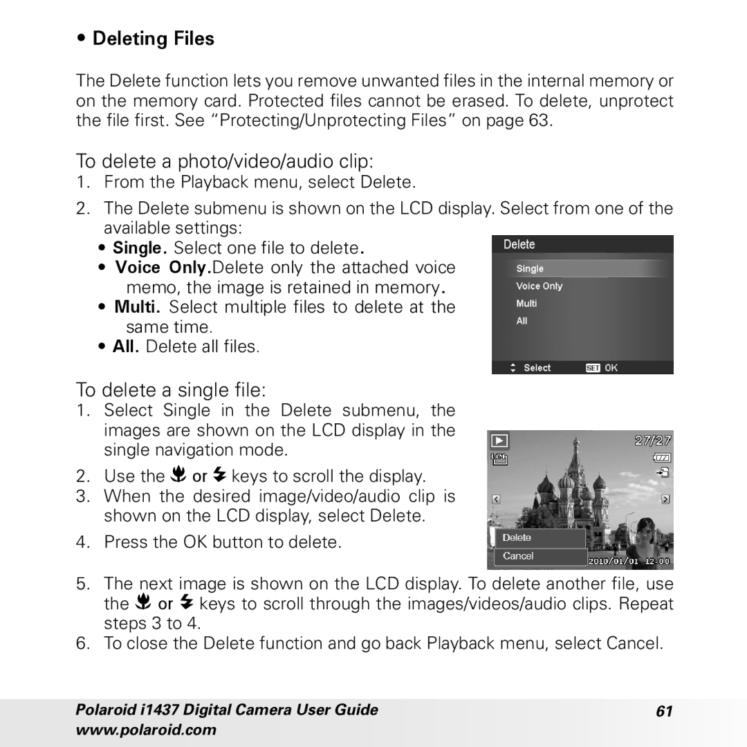 Polaroid CIA-1437RC manual Deleting Files, To delete a photo/video/audio clip, To delete a single file 