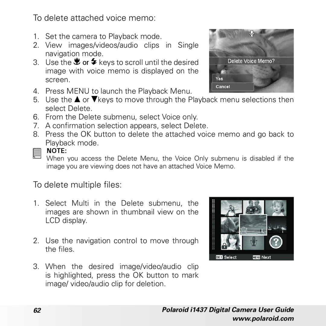 Polaroid CIA-1437RC manual To delete attached voice memo, To delete multiple files 