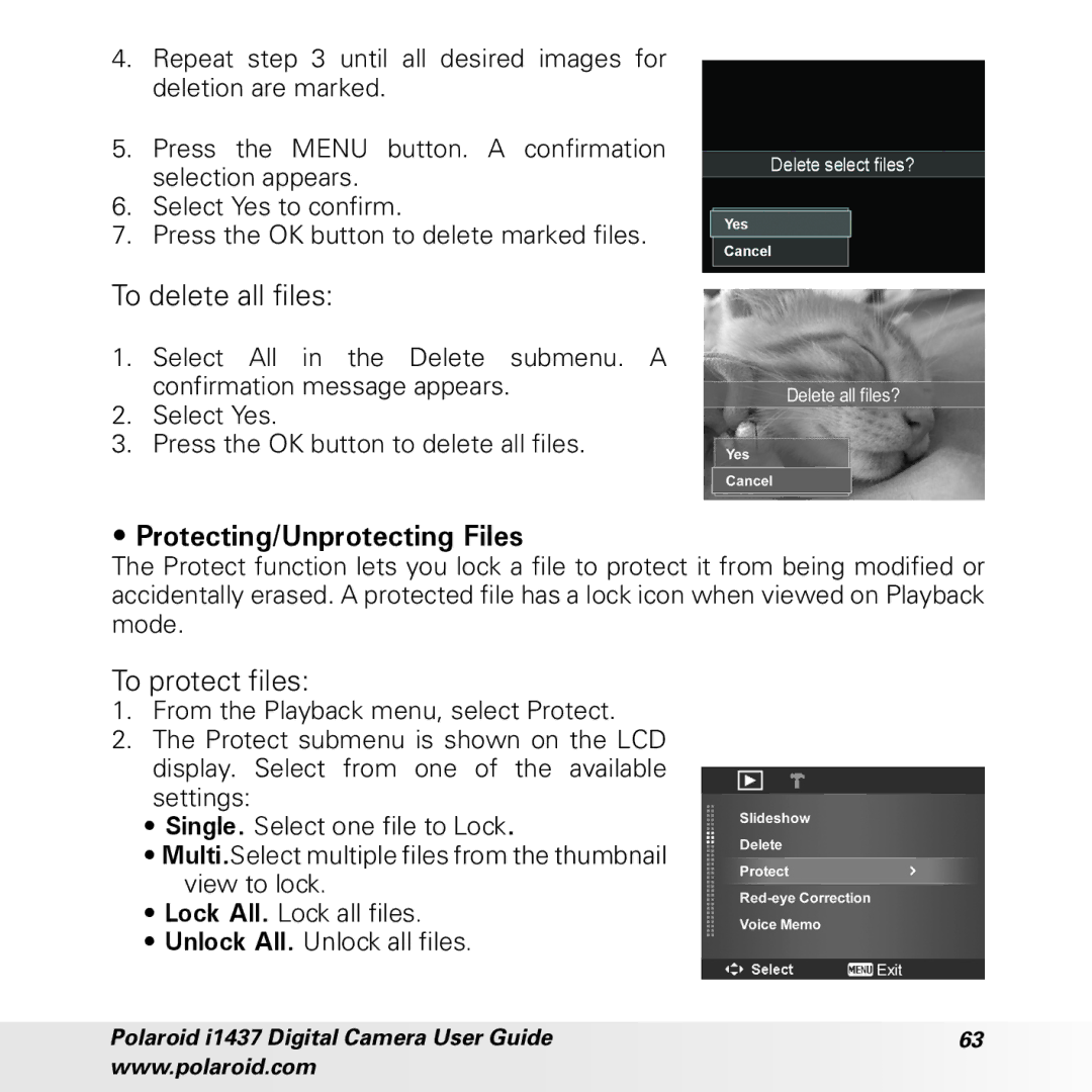 Polaroid CIA-1437RC manual To delete all files, Protecting/Unprotecting Files, To protect files 