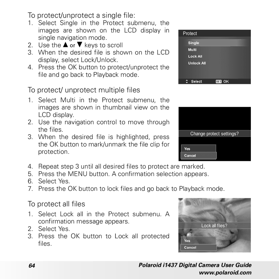 Polaroid CIA-1437RC manual To protect/unprotect a single file, To protect/ unprotect multiple files, To protect all files 