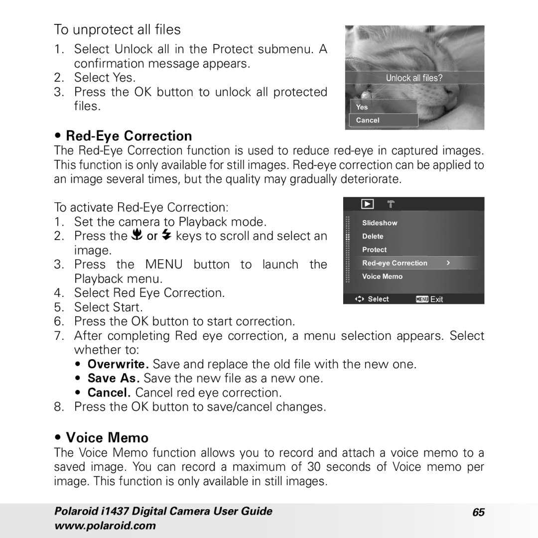 Polaroid CIA-1437RC manual To unprotect all files, Red-Eye Correction, Voice Memo 