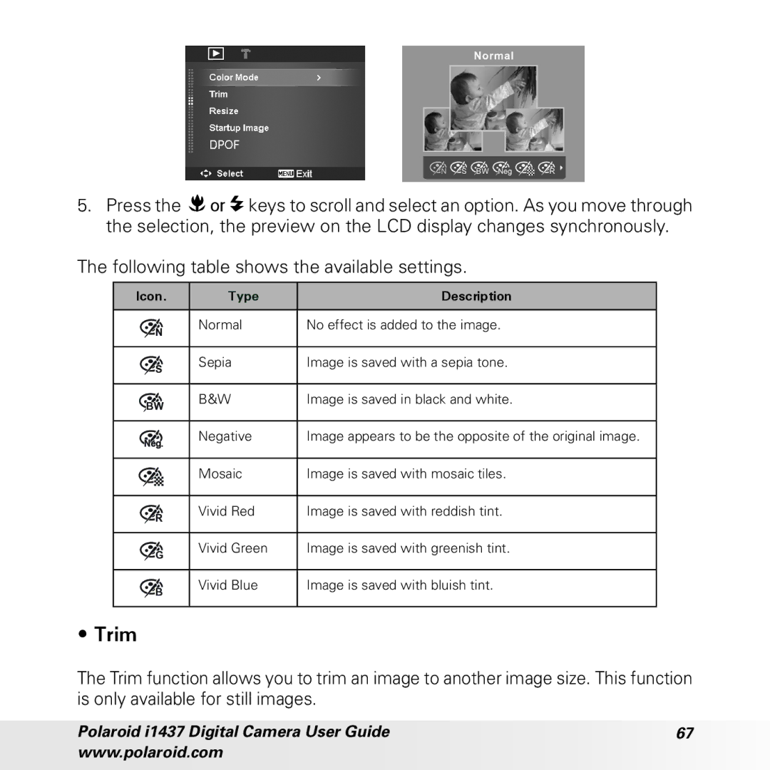 Polaroid CIA-1437RC manual Trim, Following table shows the available settings 