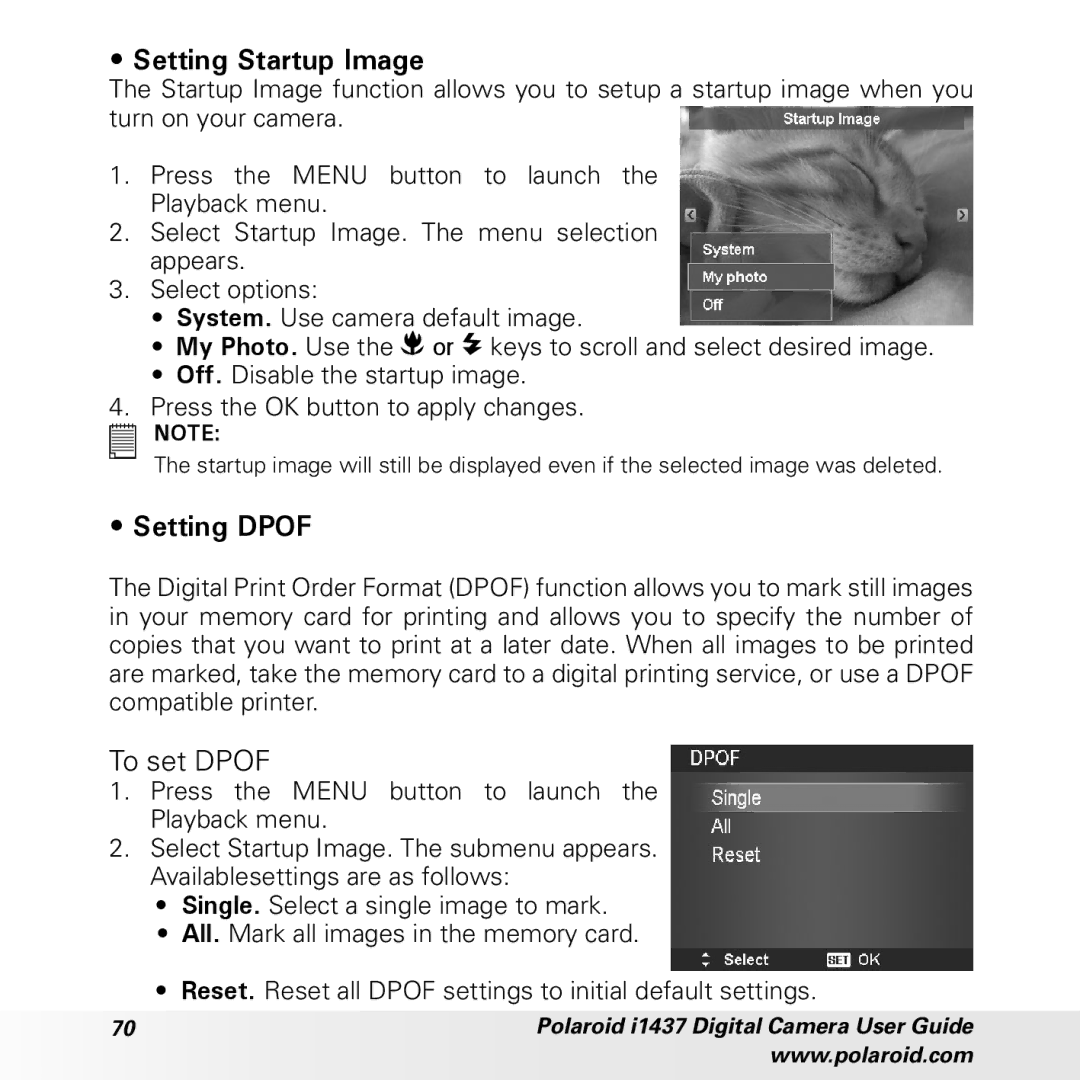 Polaroid CIA-1437RC manual Setting Startup Image, Setting Dpof, To set Dpof 