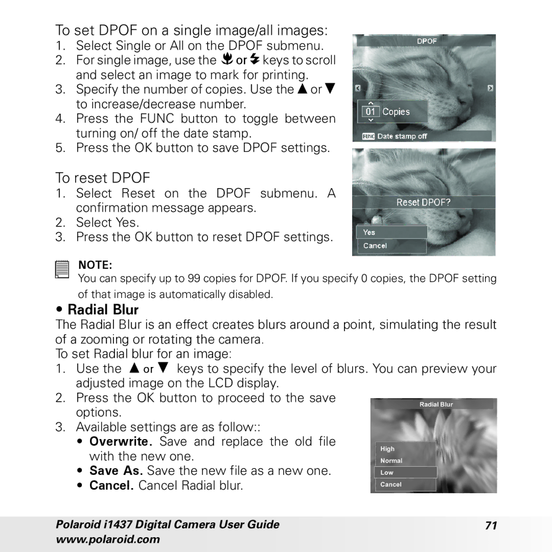 Polaroid CIA-1437RC manual To set Dpof on a single image/all images, To reset Dpof, Radial Blur 