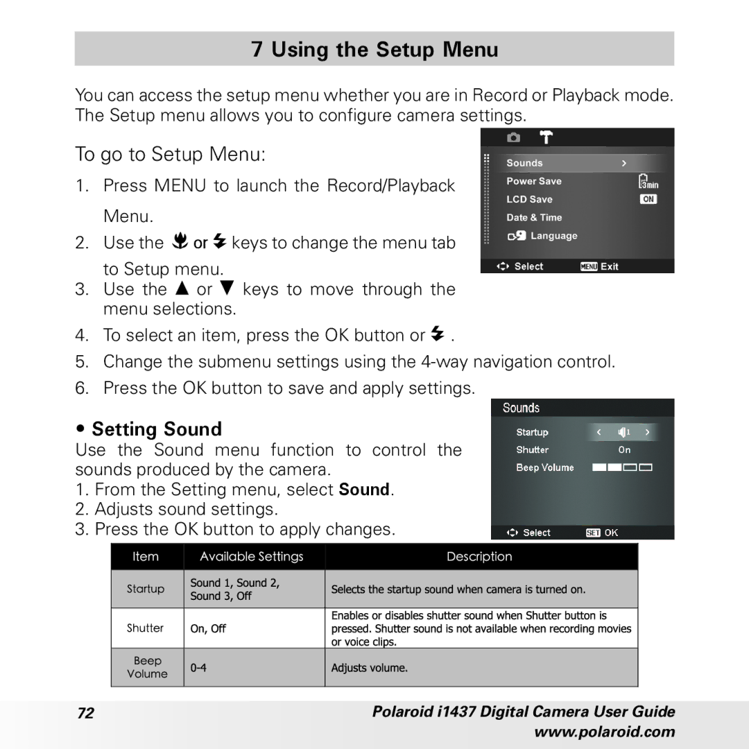 Polaroid CIA-1437RC manual Using the Setup Menu, To go to Setup Menu, Setting Sound 