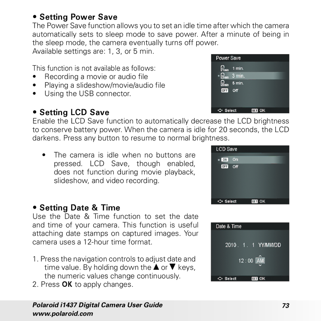 Polaroid CIA-1437RC manual Setting Power Save, Setting LCD Save, Setting Date & Time 