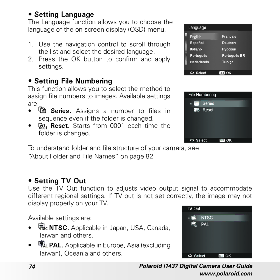 Polaroid CIA-1437RC manual Setting Language, Setting File Numbering, Setting TV Out 