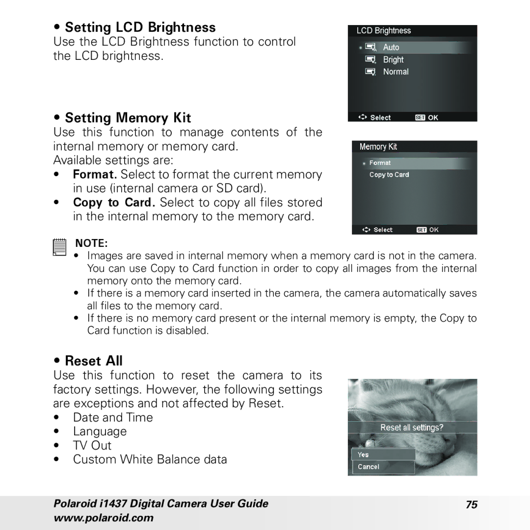 Polaroid CIA-1437RC manual Setting LCD Brightness, Setting Memory Kit, Reset All 