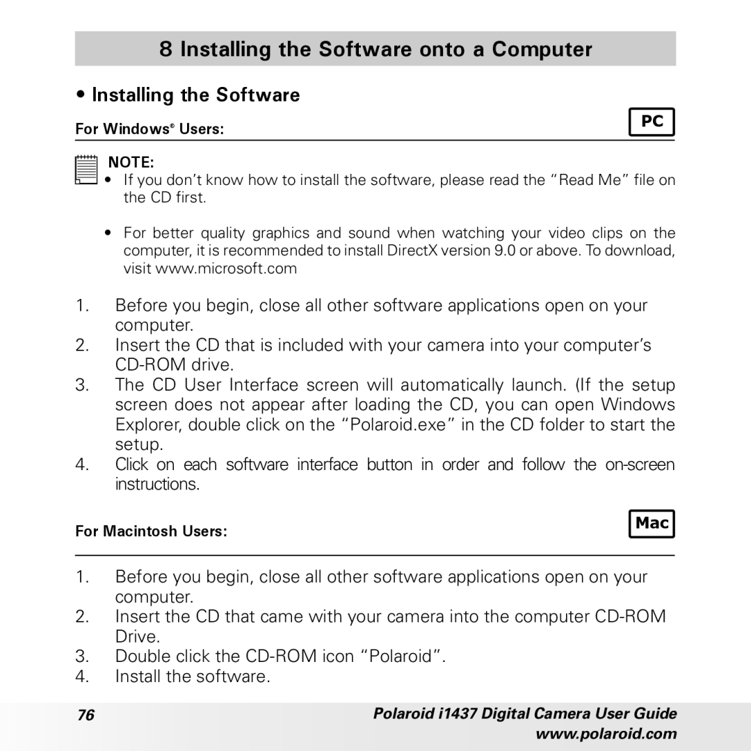 Polaroid CIA-1437RC manual Installing the Software onto a Computer 